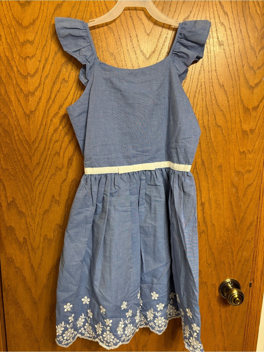 Zunie Blue Dress with Cream Waist and White Floral Hem